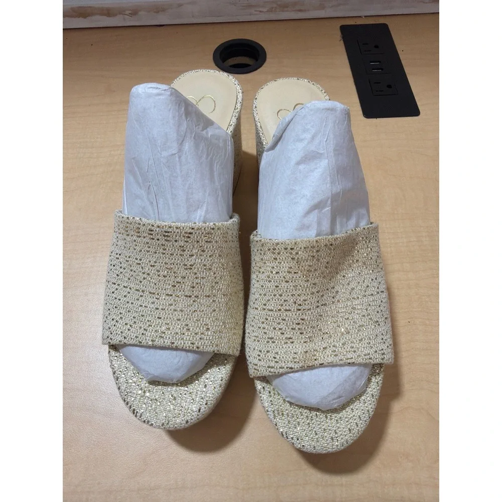 Jessica Simpson Gold Metallic Woven Platform Slide Sandals Block Heel Mules